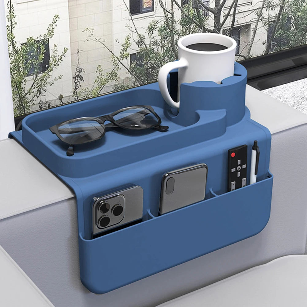 Silicone Couch Cup Holder Tray with Side Pockets Couch Armrest Table Waterproof Couch Arm Caddy for Snack Drinks Spectacles